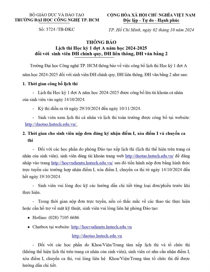 Thông báo lịch thi Học kỳ 1 đợt A năm học 2024-2025 đối với sinh viên ĐH chính quy, ĐH liên thông, ĐH văn bằng 2 4