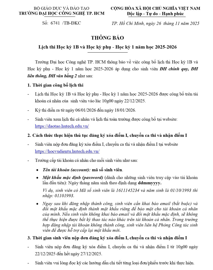 Thông báo Lịch thi Học kỳ 1B và Học kỳ phụ - Học kỳ 1 năm học 2025-2026 4
