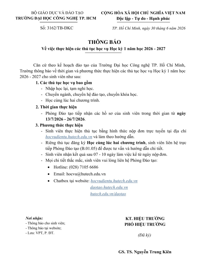 Thông báo về việc thực hiện các thủ tục học vụ Học kỳ 1 năm học 2026 - 2027 4