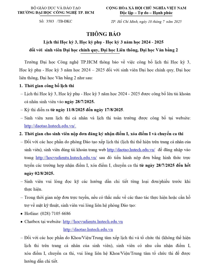 Thông báo Lịch thi Học kỳ 3, Học kỳ phụ - Học kỳ 3 năm học 2024 - 2025 đối với sinh viên Đại học chính quy, Đại học Liên thông, Đại học Văn bằng 2 4