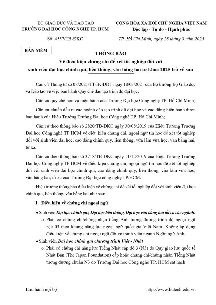 Thông báo về điều kiện chứng chỉ để xét tốt nghiệp đối với sinh viên đại học chính qui, liên thông, văn bằng hai từ khóa 2025 trở về sau 4