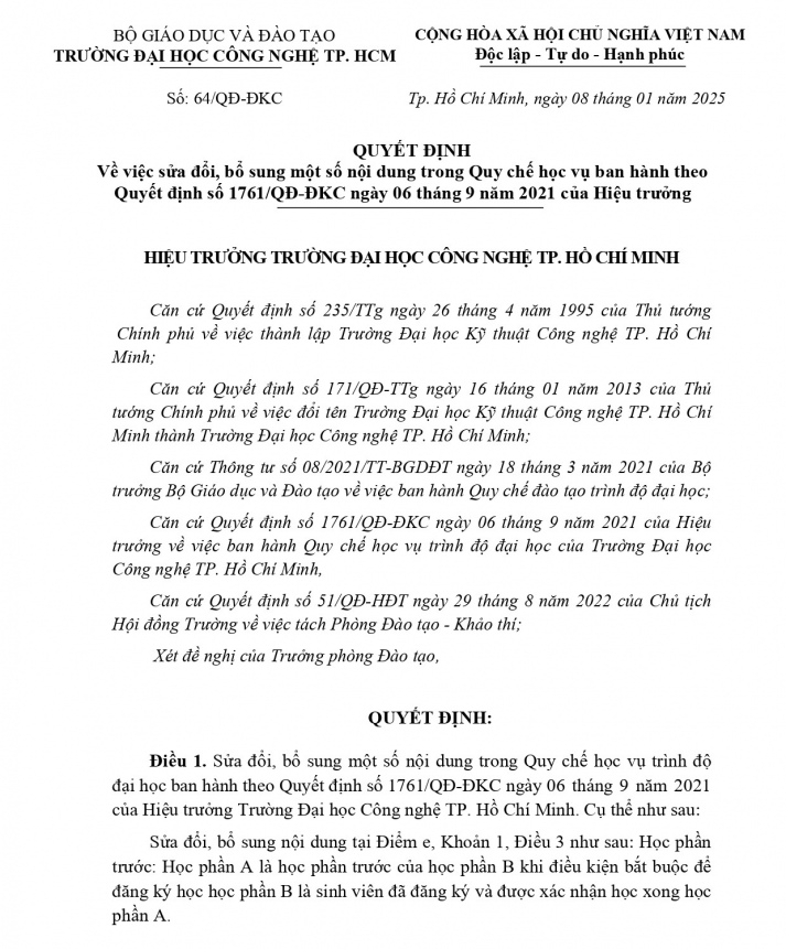 Quyết định V/v sửa đổi, bổ sung một số nội dung trong Quy chế học vụ ban hành theo Quyết định số 1761/QĐ-ĐKC ngày 06 tháng 9 năm 2021 của Hiệu trưởng 2