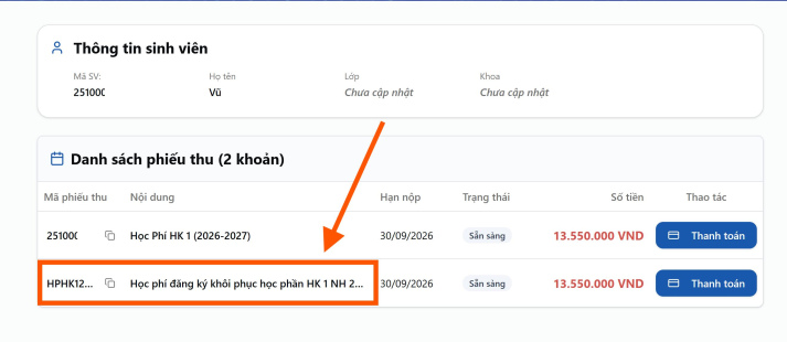 Hướng dẫn hoàn tất học phí và khôi phục học phần Học kỳ 1 - Năm học 2026-2027 33