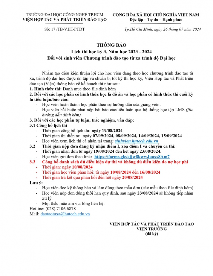 Thông báo lịch thi học kỳ 3, Năm học 2023 - 2024 đối với sinh viên Chương trình đào tạo từ xa trình độ Đại học 11