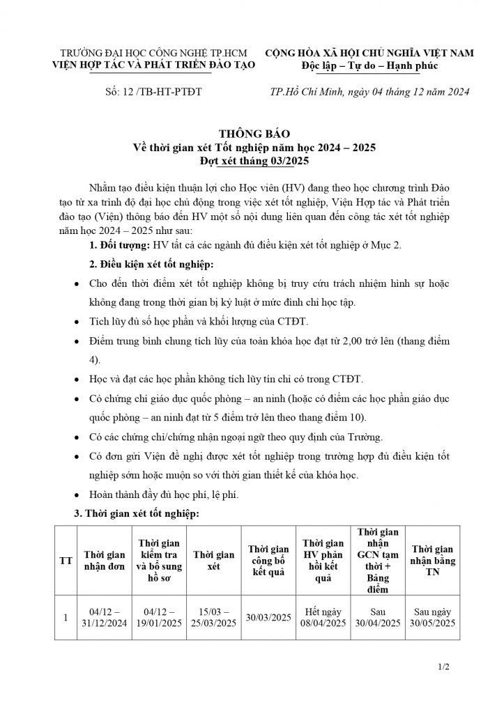 Thông báo thời gian xét tốt nghiệp - Đợt xét tháng 3/2025 12