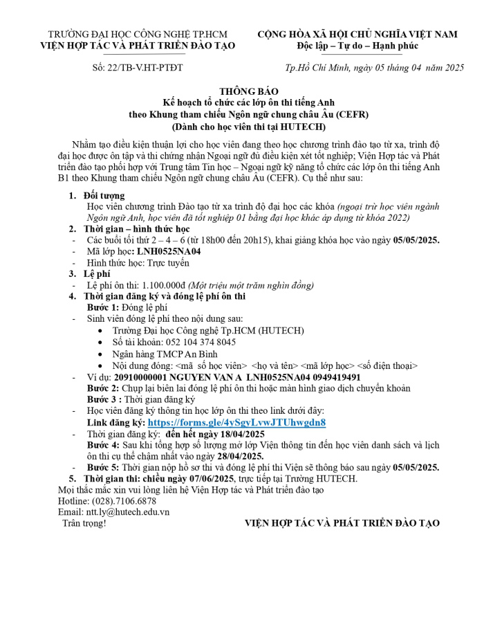 THÔNG BÁO ÔN THI TIẾNG ANH B1 - ĐỢT NGÀY 05/05/2025 (DÀNH CHO HỌC VIÊN THI TẠI HUTECH) 12