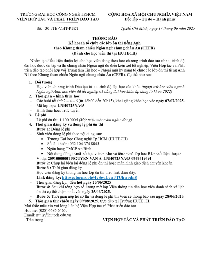 THÔNG BÁO ÔN THI TIẾNG ANH B1 - ĐỢT NGÀY 07/07/2025 (Dành cho học viên thi HUTECH) 11