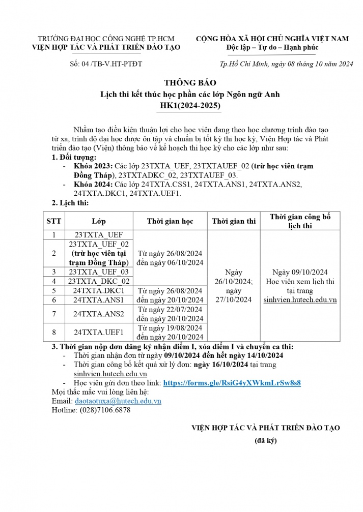 Thông báo lịch thi kết thúc học phần các lớp Ngôn ngữ Anh - Học kỳ 1 (2024 - 2025) 10