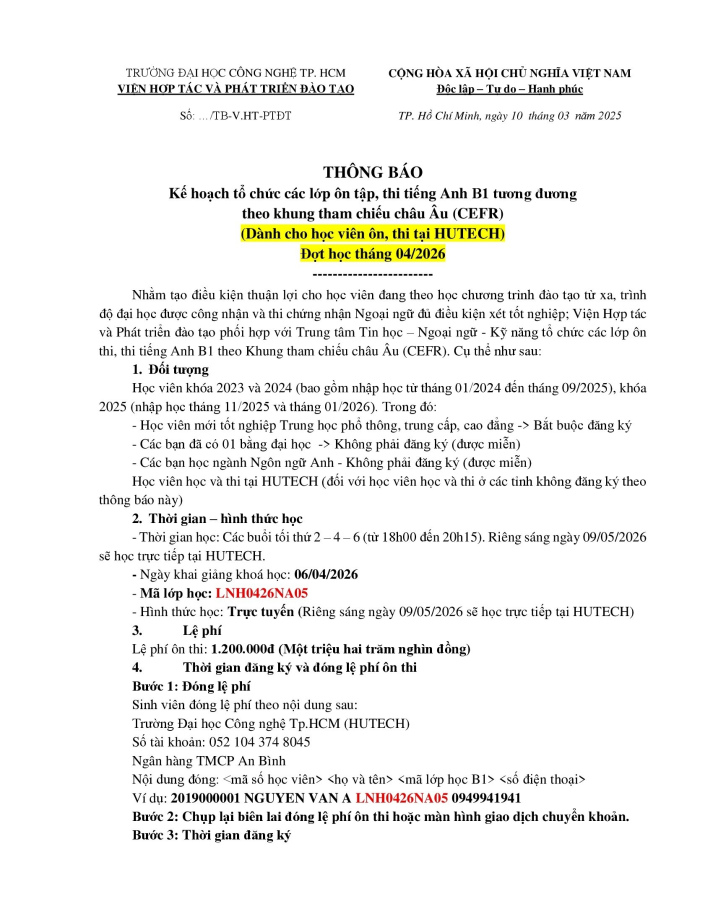 THÔNG BÁO ĐỢT ÔN THI TIẾNG ANH B1 - ĐỢT NGÀY 06/04/2026 (Dành cho học viên thi tại HUTECH) 9