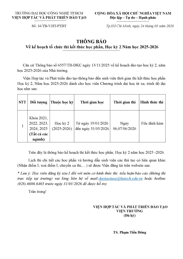 Thông báo về kế hoạch tổ chức thi kết thúc học phần HK2 năm học 2025 - 2026 2