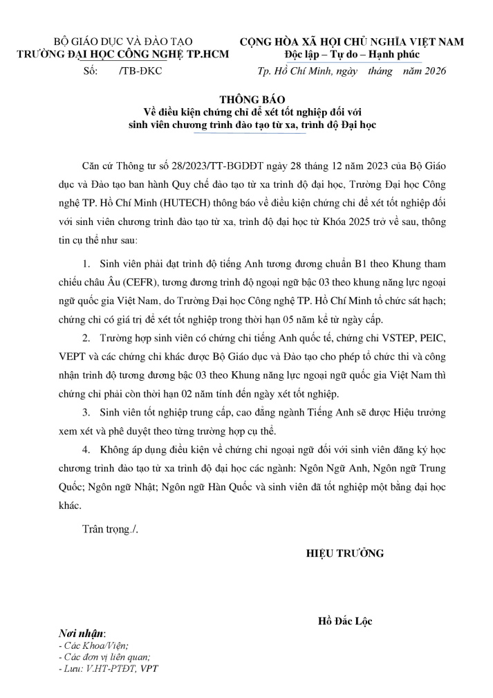 Thông báo về điều kiện chứng chỉ để xét tốt nghiệp đối với  sinh viên chương trình đào tạo từ xa, trình độ Đại học 2