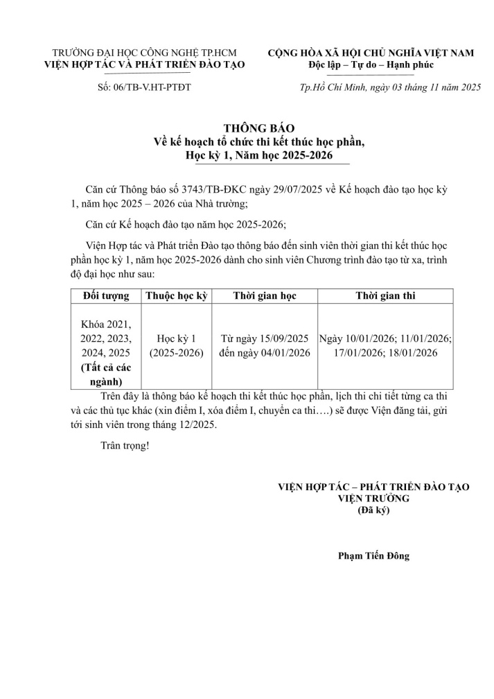 THÔNG BÁO về kế hoạch tổ chức thi kết thúc học phần Học kỳ 1 năm học 2025 - 2026 2