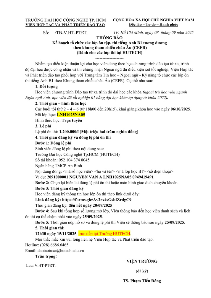 THÔNG BÁO ÔN THI TIẾNG ANH B1 - ĐỢT NGÀY 06/10/2025 (Dành cho học viên tại HUTECH) 12