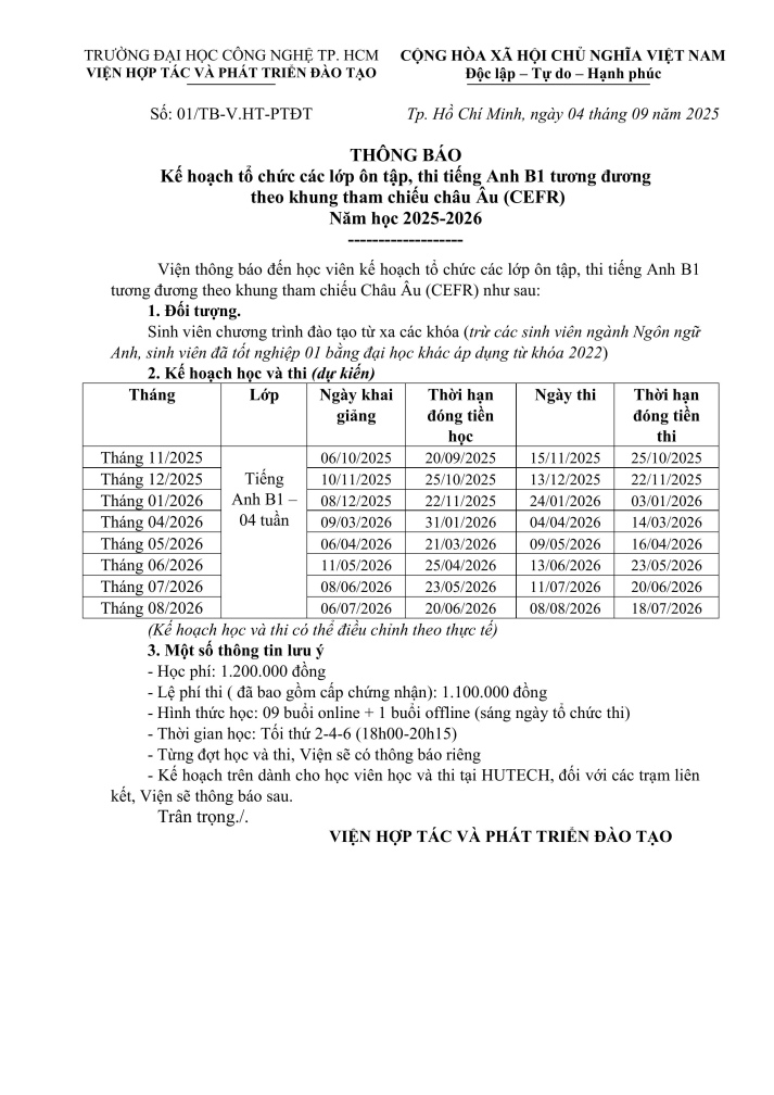 THÔNG BÁO KẾ HOẠCH TỔ CHỨC CÁC LỚP ÔN TẬP, THI TIẾNG ANH B1 TƯƠNG ĐƯƠNG THEO KHUNG THAM CHIẾU CHÂU ÂU (CEFR) NĂM HỌC 2025-2026 7