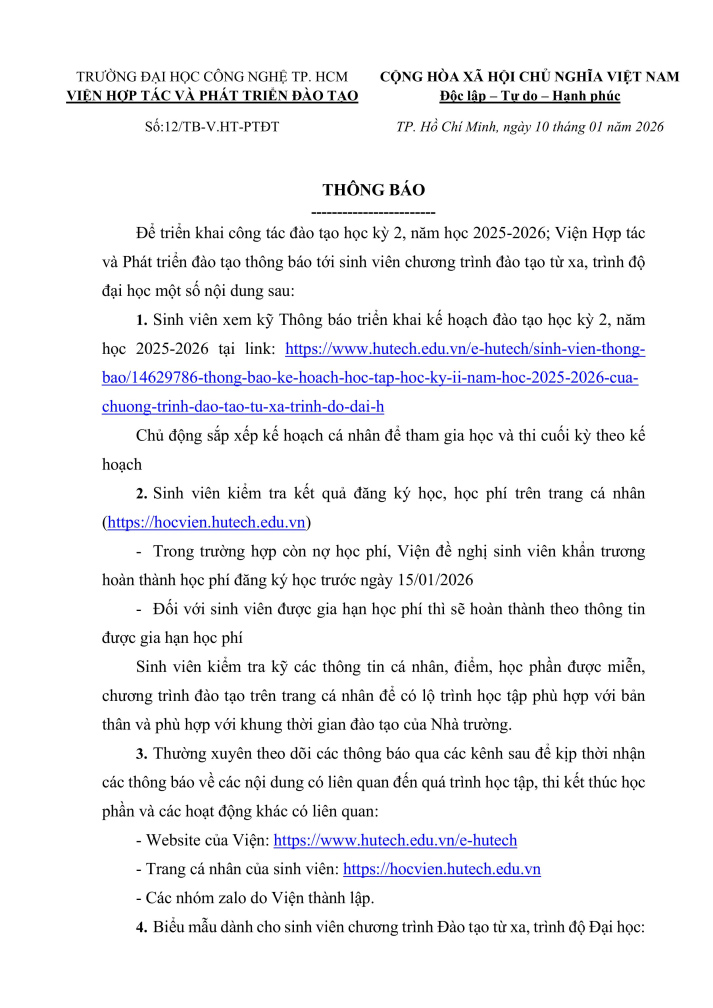 Thông báo về tiếp tục thực hiện kế hoạch đào tạo học kỳ 2, năm học 2025-2026 20