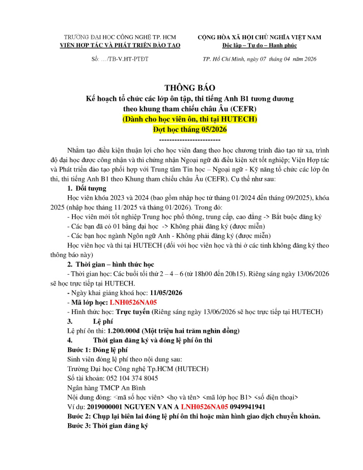 Thông báo đợt ôn thi tiếng anh B1 - khai giảng ngày 11/05/2026 (Dành cho học viên thi tại HUTECH) 12