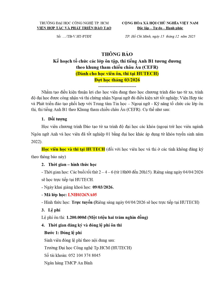 THÔNG BÁO ĐỢT ÔN THI TIẾNG ANH B1 - ĐỢT NGÀY 09/03/2026 (Dành cho học viên thi tại HUTECH) 2