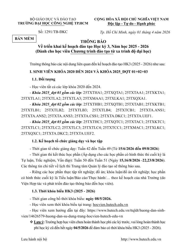 Nhà trường thông báo tới sinh viên chương trình đào tạo từ xa trình độ đại học kế hoạch học tập học kỳ 3, năm học 2025 - 2026 23
