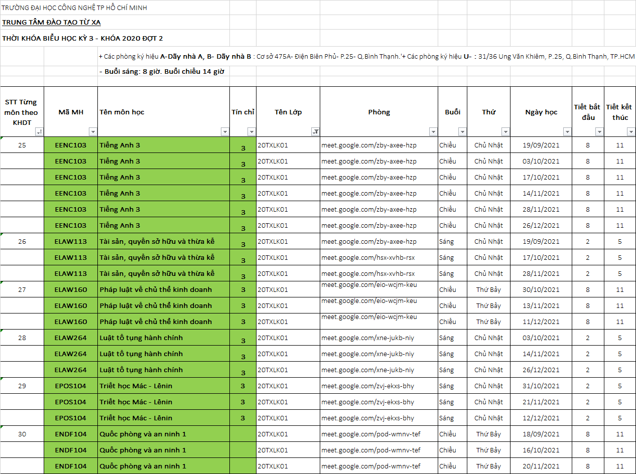 THỜI KHÓA BIỂU HỌC KỲ 3 - KHOA 2020 ĐỢT 2 28