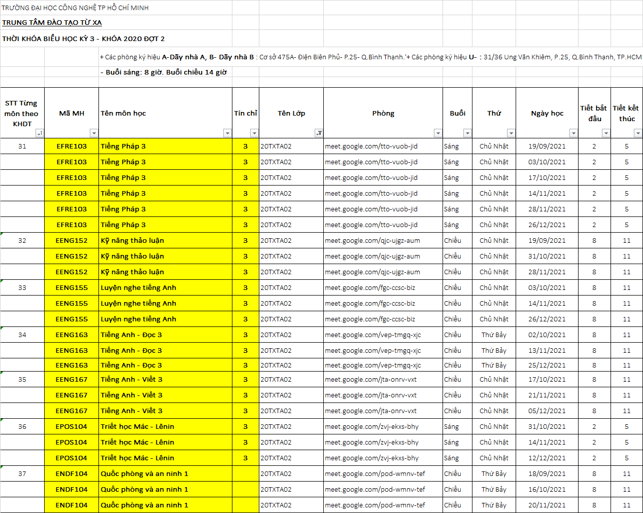 THỜI KHÓA BIỂU HỌC KỲ 3 - KHOA 2020 ĐỢT 2 34