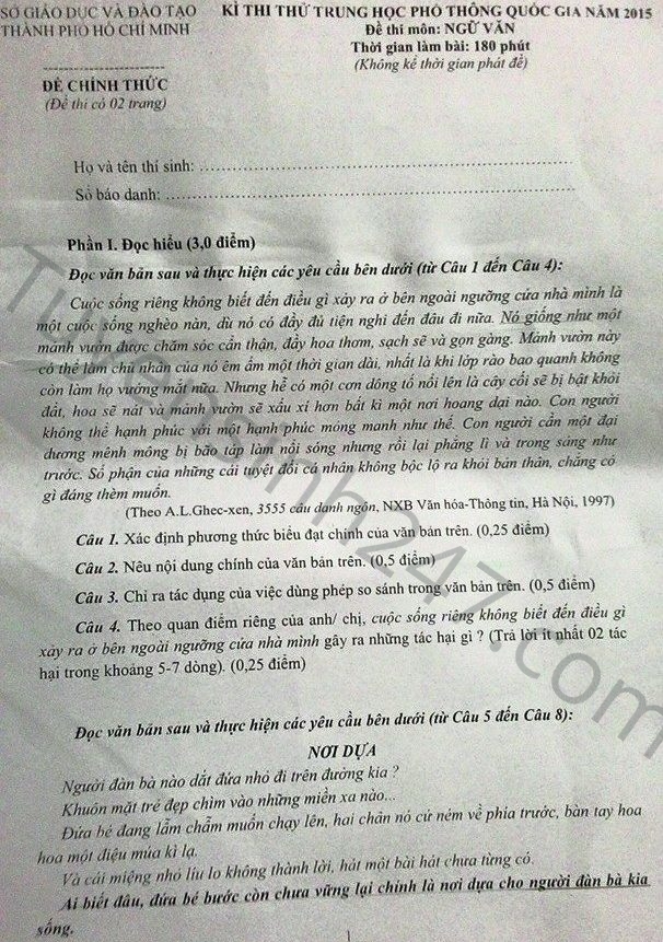 Đề thi & Đáp án môn Văn THPT Quốc gia 2015 (Kỳ thi thử tại TP.HCM) 13
