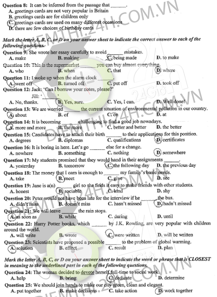 Đáp án đề thi tốt nghiệp THPT 2014 môn tiếng Anh (Ngoại ngữ) 540