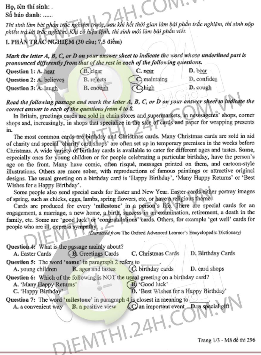 Đáp án đề thi tốt nghiệp THPT 2014 môn tiếng Anh (Ngoại ngữ) 537