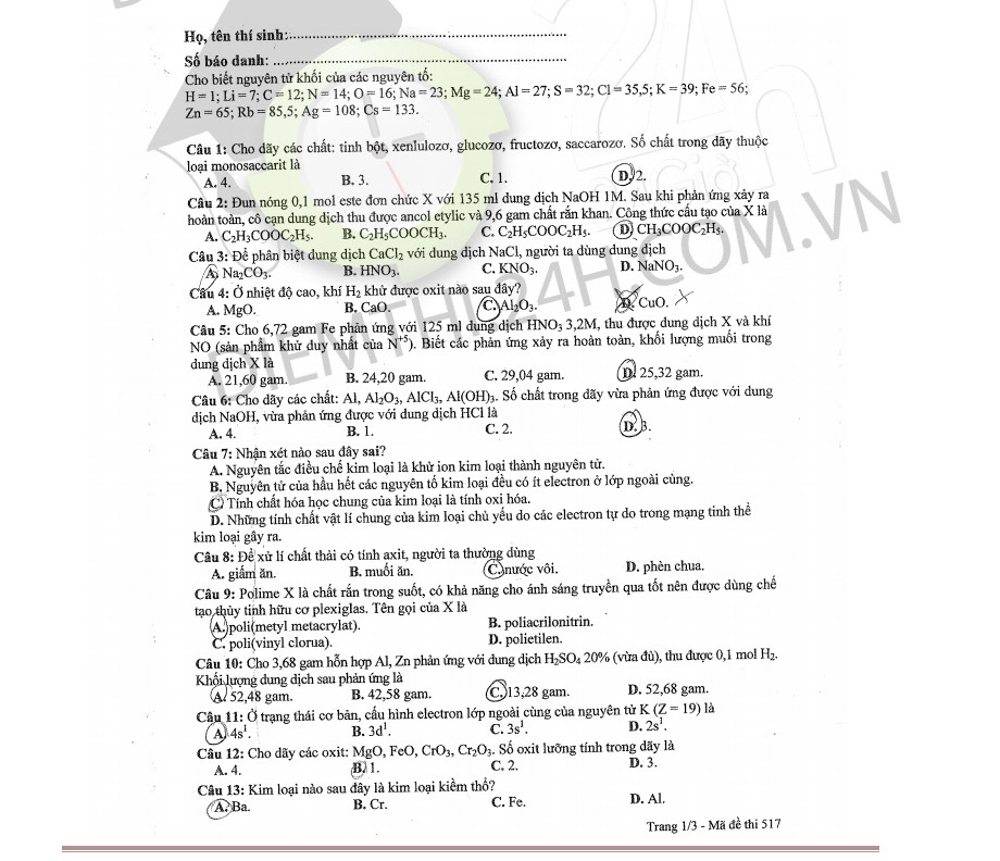  Đáp án đề thi tốt nghiệp THPT 2014 môn Hóa, Địa lí 615