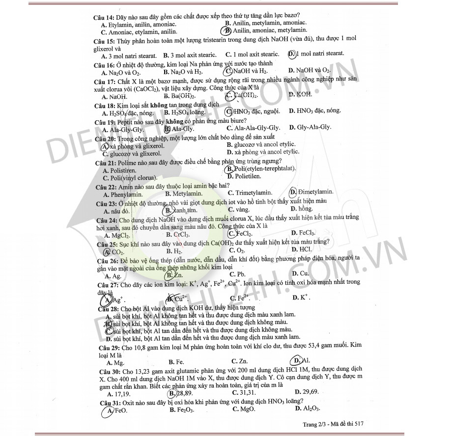  Đáp án đề thi tốt nghiệp THPT 2014 môn Hóa, Địa lí 617