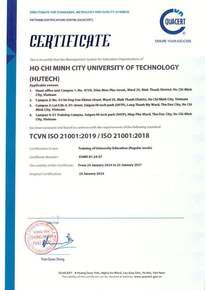 HUTECH vinh dự nhận giấy chứng nhận Hệ thống quản lý đối với Tổ chức giáo dục TCVN ISO 21001:2019/ ISO 21001:2018 từ QUACERT 16