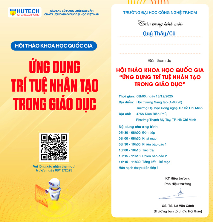 HUTECH tổ chức Hội thảo Khoa học Quốc gia “Ứng dụng Trí tuệ Nhân tạo trong Giáo dục” vào ngày 13/12 tới 13
