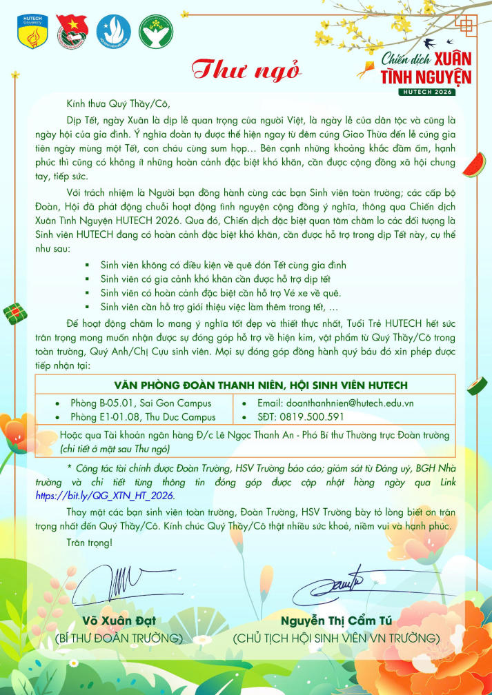 Đoàn Thanh niên - Hội Sinh viên HUTECH khảo sát tiếp nhận nguyện vọng, nhu cầu cần hỗ trợ của sinh viên dịp Tết Nguyên đán 2026 101