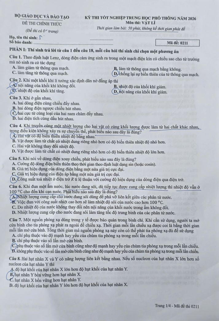 [Mới] Đề thi tốt nghiệp THPT môn Vật Lý và gợi ý giải đề 37