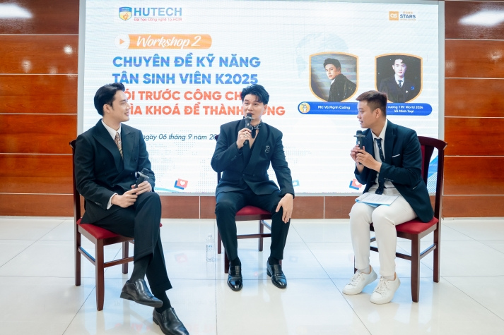 [Video] Á vương Mr World 2024 và MC Vũ Mạnh Cường truyền bí quyết nói trước công chúng cho tân sinh viên HUTECH 55