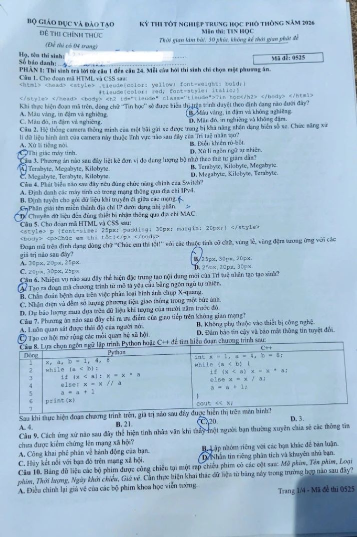 [Mới] Đề thi tốt nghiệp THPT môn Tin học và gợi ý giải đề 38