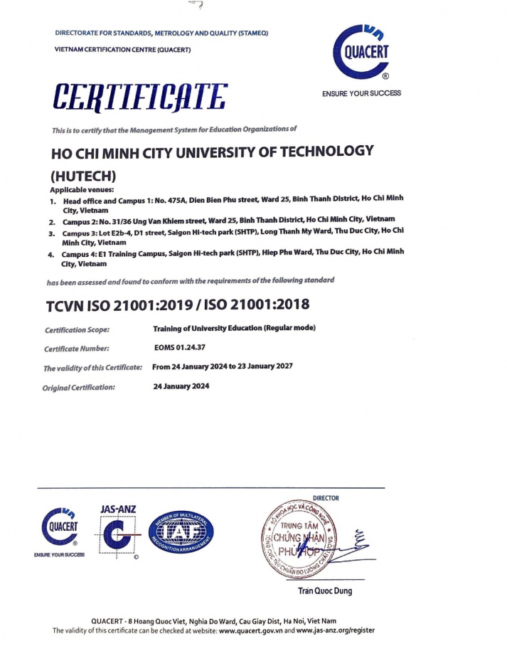 HUTECH vinh dự nhận giấy chứng nhận Hệ thống quản lý đối với Tổ chức giáo dục TCVN ISO 21001:2019/ ISO 21001:2018 từ QUACERT 16