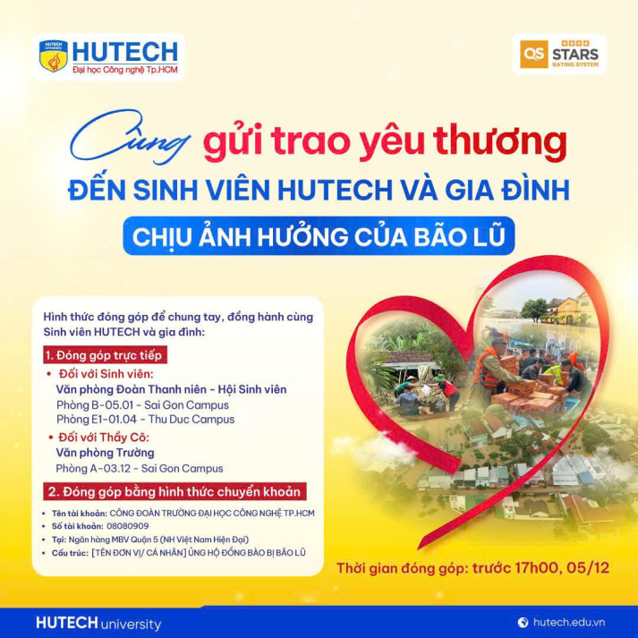 HUTECH kêu gọi chung tay hỗ trợ sinh viên và gia đình chịu ảnh hưởng bởi bão lũ 12
