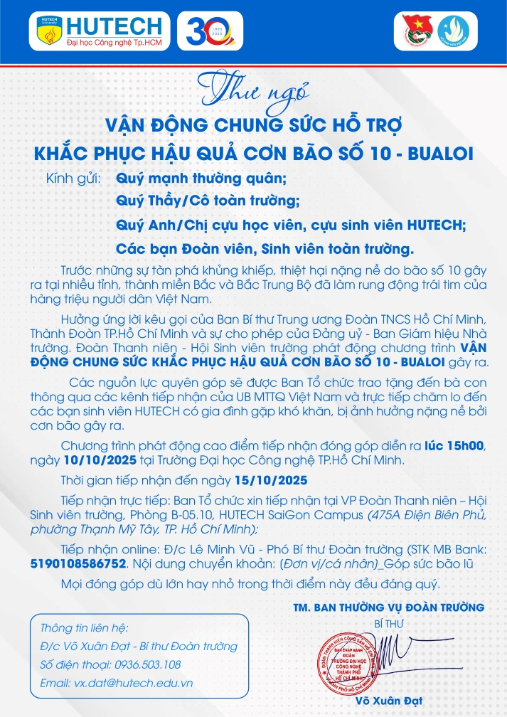 Tuổi trẻ HUTECH kêu gọi chung tay khắc phục hậu quả bão Bualoi: Mỗi đóng góp - Một yêu thương gửi trao