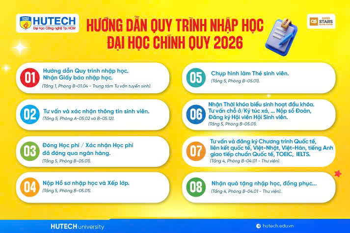 Hướng dẫn nhập học HUTECH 2026: Thời gian, địa điểm, hồ sơ và các bước thực hiện 100