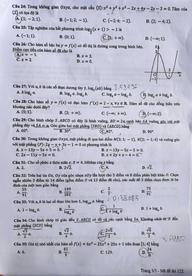 [Mới] - Đề thi tốt nghiệp THPT môn Toán và gợi ý giải đề 122