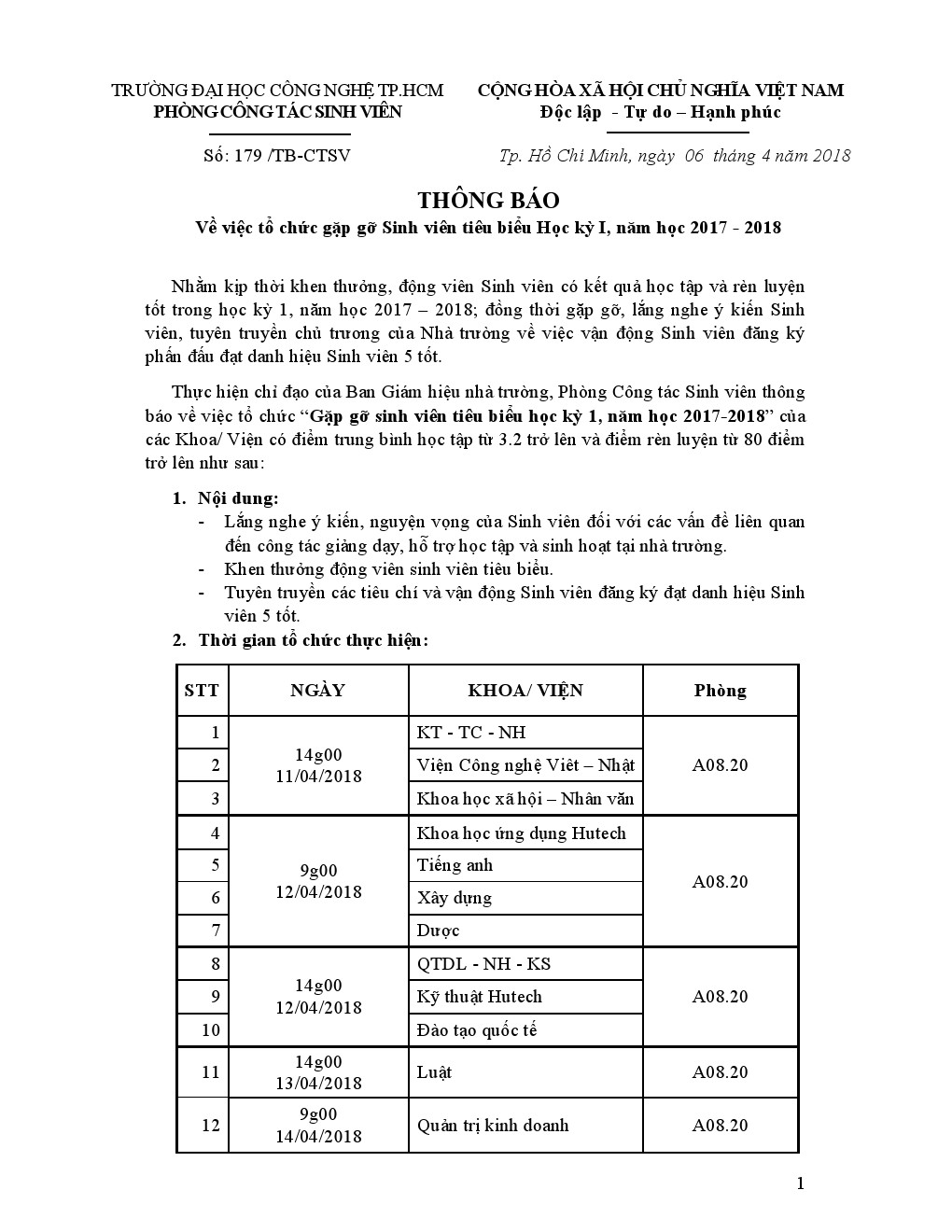Thông báo gặp gỡ sinh viên tiêu biểu học kỳ 1 năm học 2017 - 2018 2
