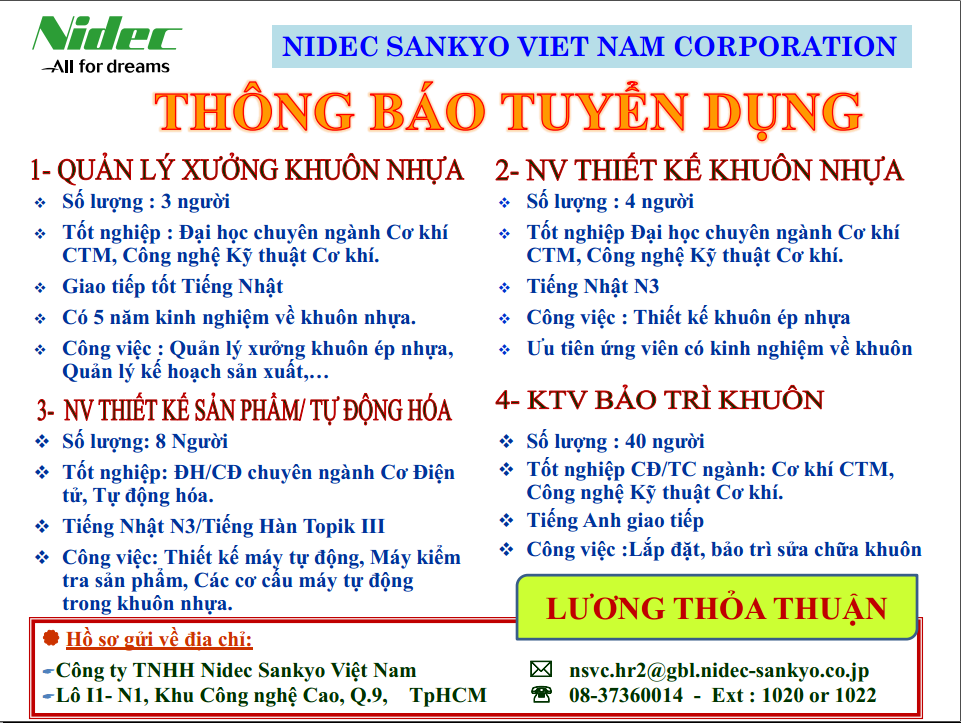 Thông báo tuyển dụng - Công ty TNHH Nidec Sankyo VN 2