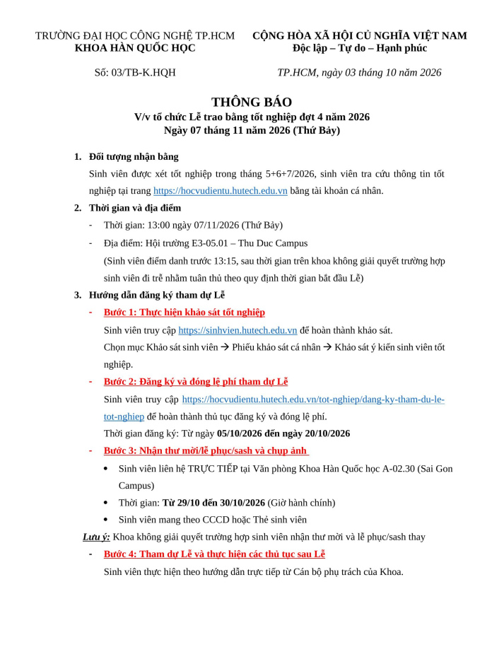 THÔNG BÁO - LỄ TỐT NGHIỆP ĐỢT 4/ 2026 2