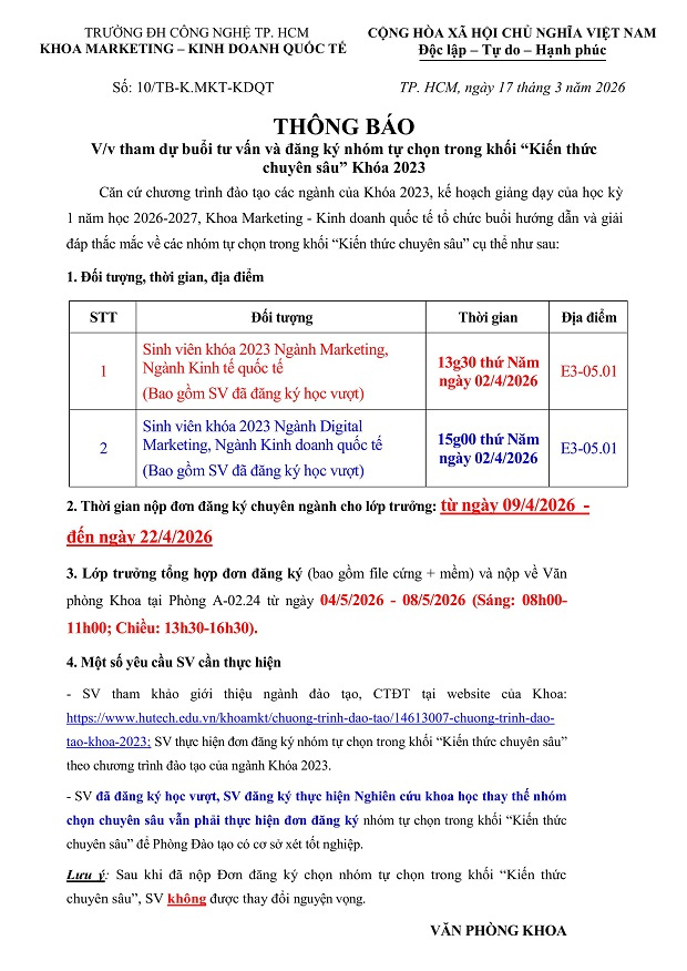 [THÔNG BÁO] Tham dự buổi tư vấn & Đăng ký nhóm tự chọn trong khối "Kiến thức chuyên sâu" cho Sinh viên Khóa 2023 17