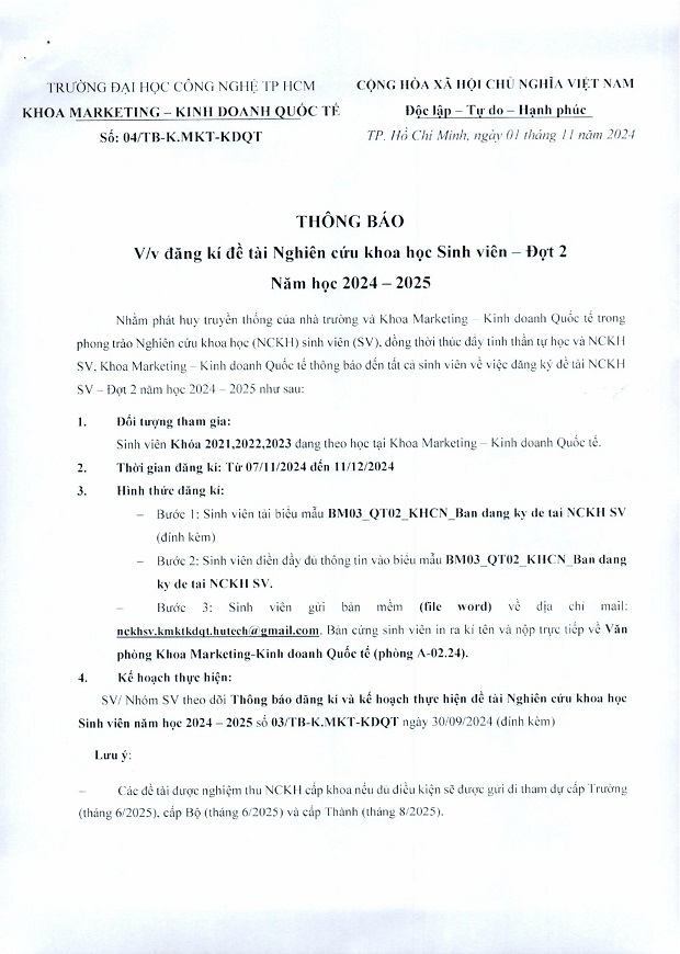 [THÔNG BÁO] V/v Đăng ký đề tài Nghiên cứu Khoa học Sinh viên - Đợt 02 năm học 2024 – 2025 11