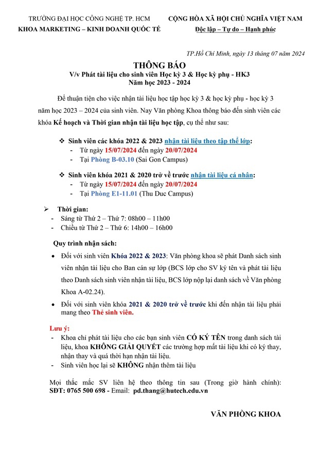 [THÔNG BÁO] Phát tài liệu học tập Học kỳ 3 và Học kỳ phụ - Học kỳ 3 cho sinh viên Năm học 2023 - 2024 8