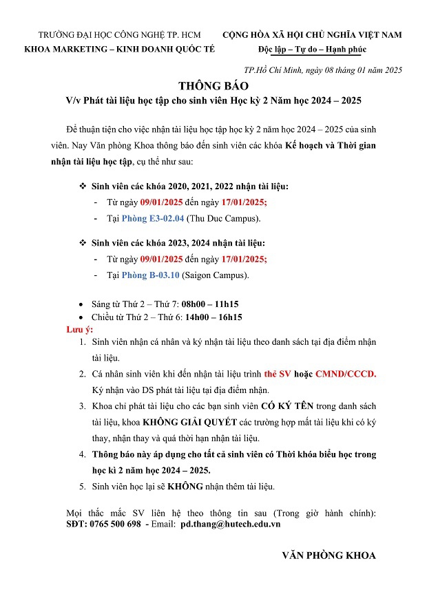 [THÔNG BÁO] Phát tài liệu học tập Học kỳ 2 năm học 2024 - 2025 cho sinh viên 9