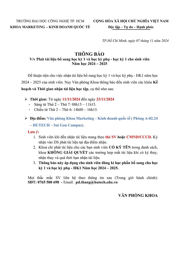 [THÔNG BÁO] Phát tài liệu học tập bổ sung Học kỳ 1 và Học kỳ phụ - học kỳ 1 năm học 2024 - 2025 cho sinh viên 7