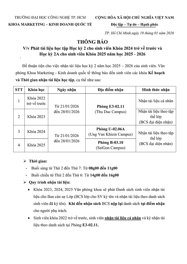[THÔNG BÁO] Phát tài liệu học tập Học kỳ 2 cho sinh viên Khoá 2024 trở về trước và Học kỳ 2A cho sinh viên Khoá 2025 năm học 2025 - 2026 3
