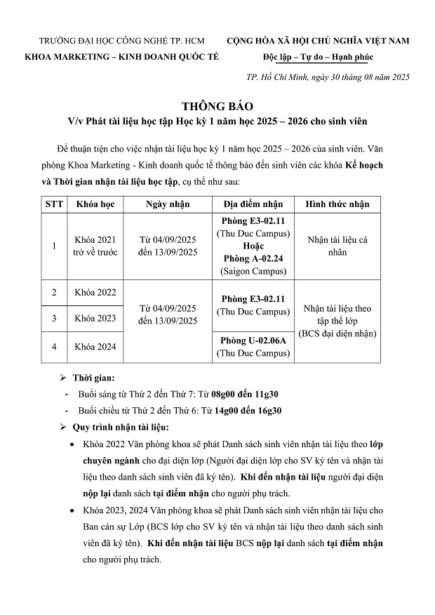[THÔNG BÁO] Phát tài liệu học tập Học kỳ 1 năm học 2025 - 2026 cho sinh viên 3